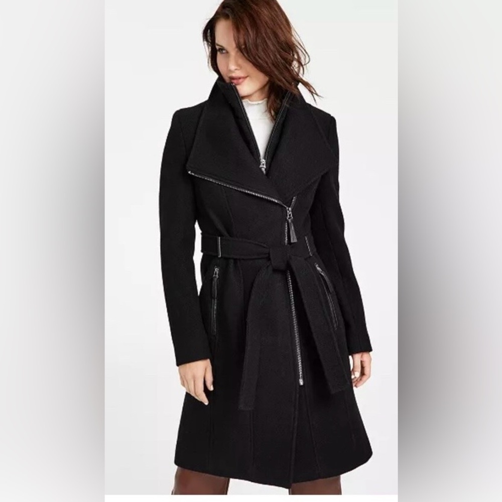 Calvin Klein Petite Wool Blend Black Wrap Coat - Picture 2 of 8